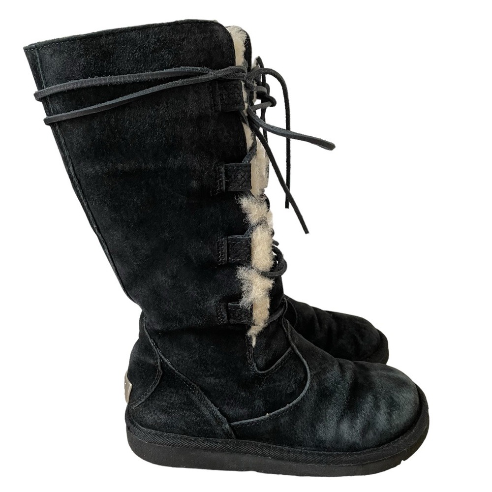 UGG Whitley Black Suede Lace Up Boot Size 5 Style 1522 Fur Winter Leather Cozy